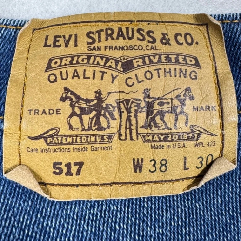 Vintage Levis 517 Orange Tab Jeans Mens 38x30 Blue Bootcut USA Made Distressed